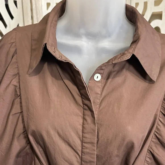 Size M Reminiscene Brown Puffy Sleeve Tie Waist Shirt Dress - Picture 7 of 16
